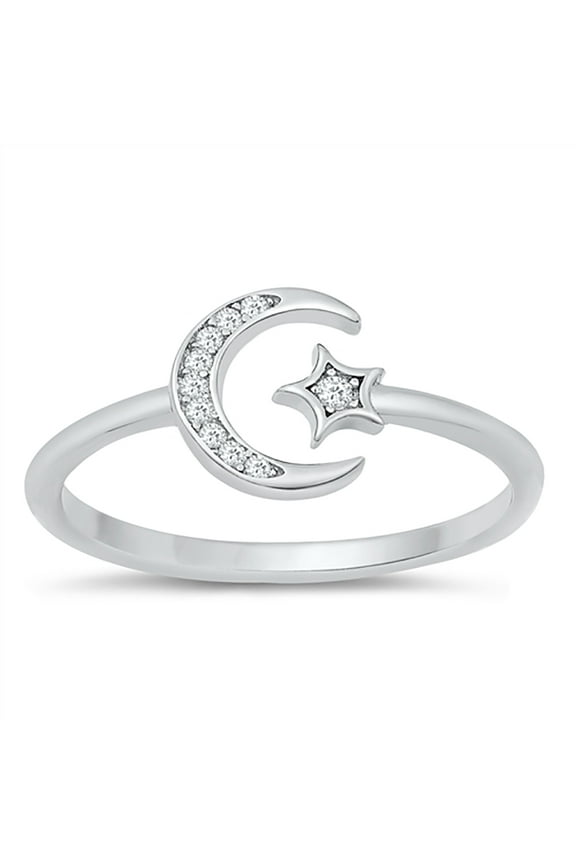 Clear Cubic Zirconia Moon and Star of Universe Ring 925 Sterling Silver Size 9