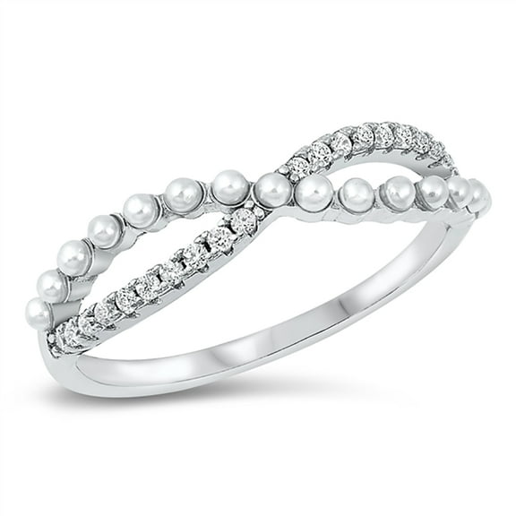 All in Stock Clear Cubic Zirconia Simulated Pearl Infinity Ring 925 Sterling Silver Size 10