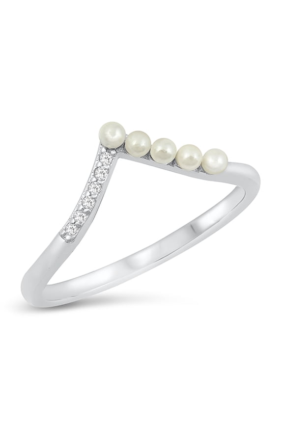 Clear Cubic Zirconia Simulated Pearl Pointy V Shape Ring 925 Sterling Silver Size 9