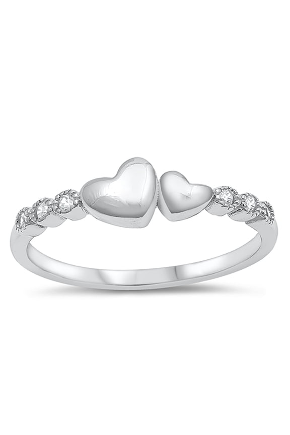Clear Cubic Zirconia sides Couple Heart Ring 925 Sterling Silver Size 4