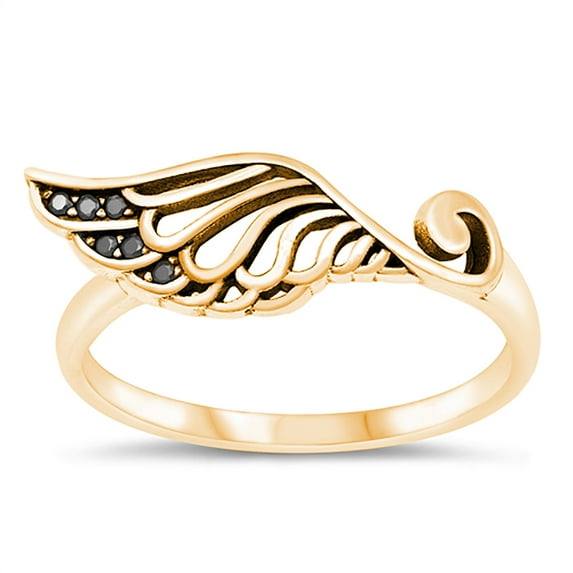 All in Stock Gold-Tone Sterling Silver Black Cubic Zirconia Divine Angel Wing Ring Size 6