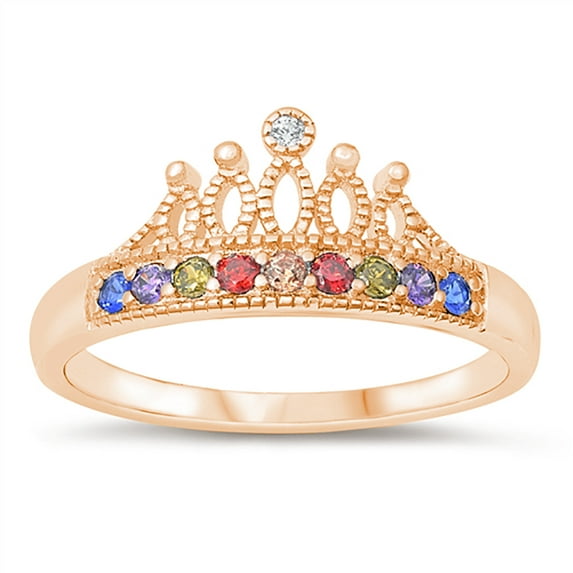 All in Stock Multi Color Royal Crown Ring Rose Gold-Tone Sterling Silver Size 5