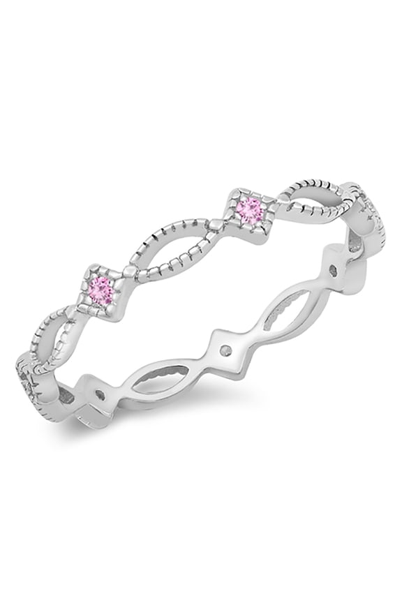 Pink Cubic Zirconia Decorated Eternity Ring 925 Sterling Silver Size 8