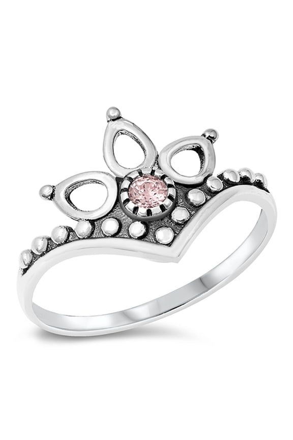 Pink Cubic Zirconia Pointed Bali Crown Ring Sterling Silver Size 8