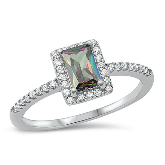 All in Stock Radiant Cut Rainbow Simulated Topaz Cubic Zirconia Engagement Ring 925 Sterling Silver Size 4