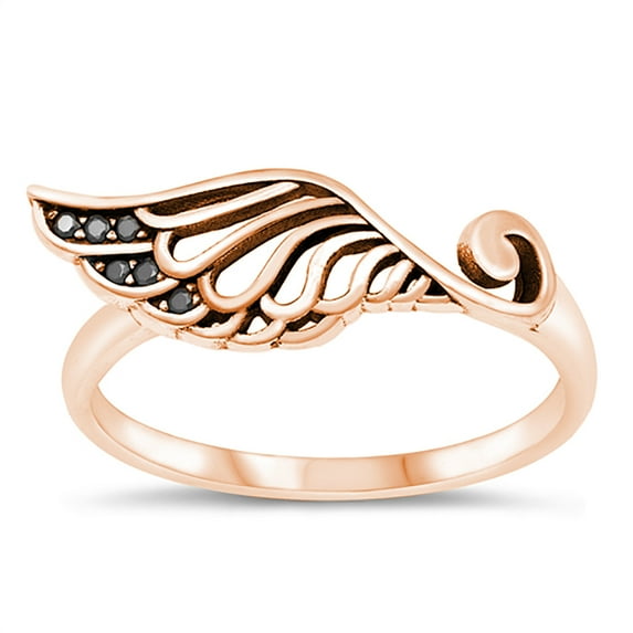 All in Stock Rose Gold-Tone Sterling Silver Black Cubic Zirconia Divine Angel Wing Ring Size 7