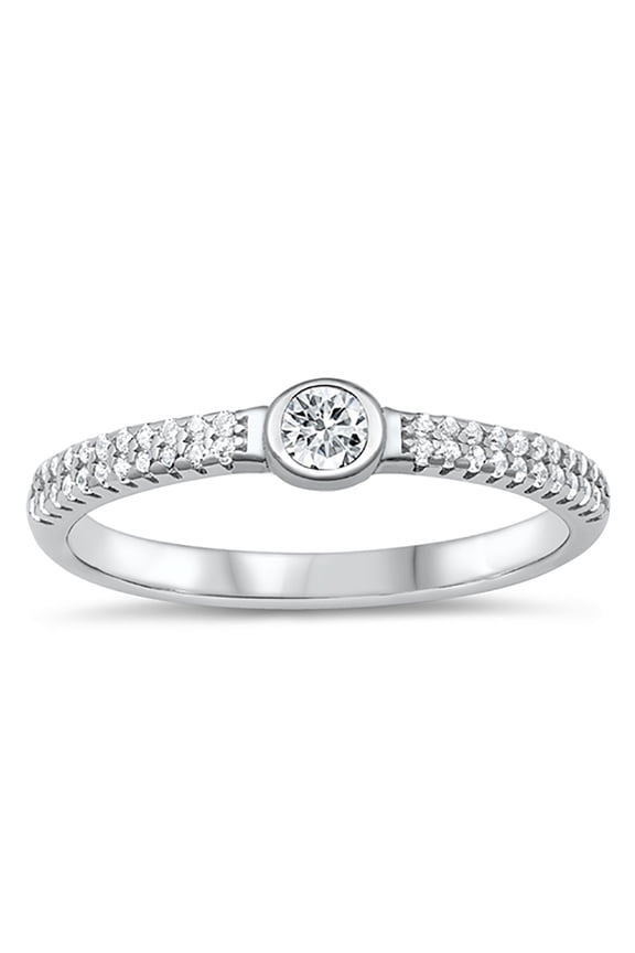 Round Clear Cubic Zirconia Center Double Bar Ring 925 Sterling Silver Size 8