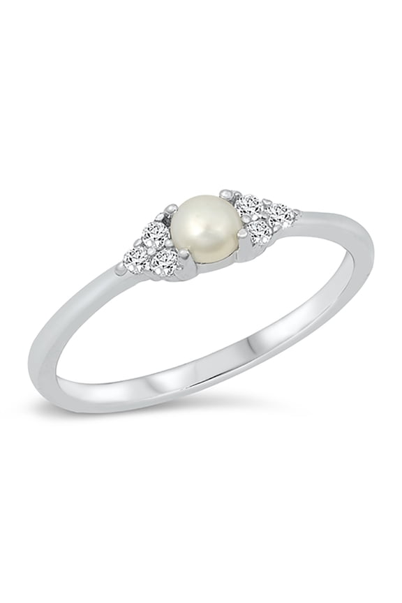 Simulated Pearl Bead Cubic Zirconia Simple Stylish Ring 925 Sterling Silver Size 9