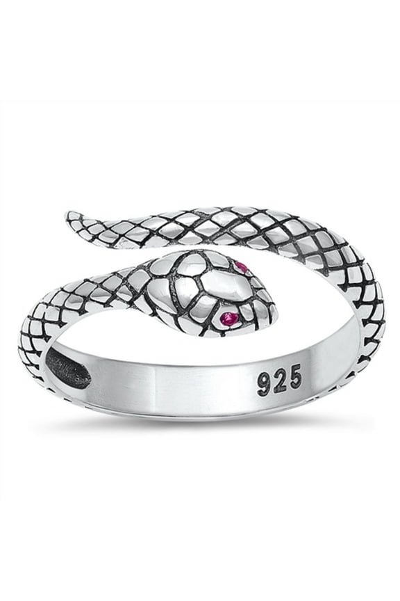 Simulated Ruby Cubic Zirconia Adjustable Snake Ring Sterling Silver Size 4