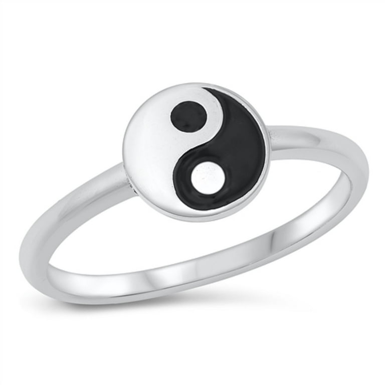 All in Stock Sterling Silver Black and White Yin Yang Ring Size