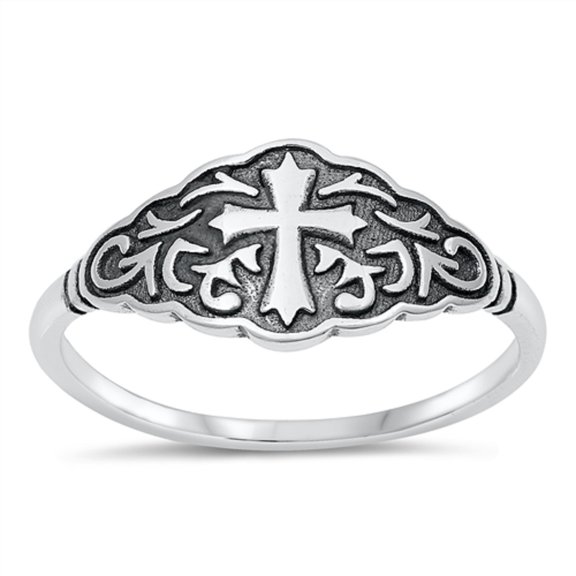 All in Stock Sterling Silver Decorated Cross of Faith Ring Size 6