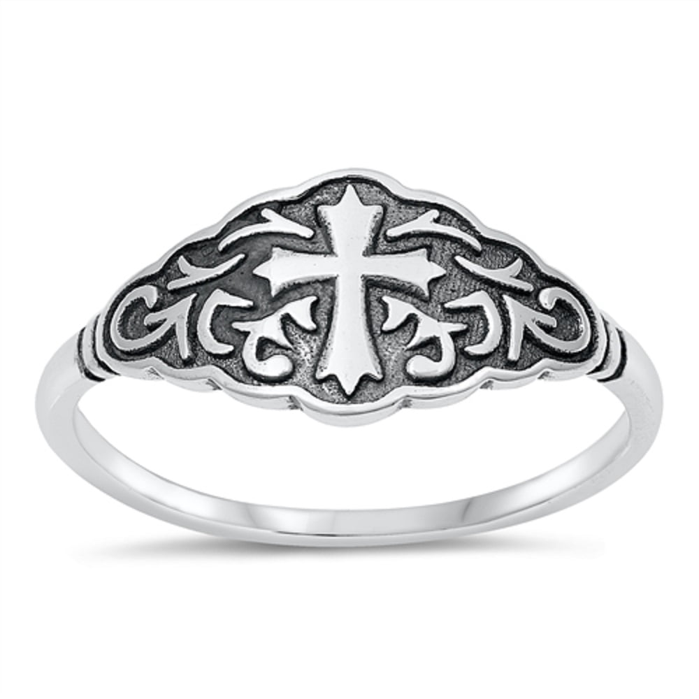 All in Stock Sterling Silver Decorated Cross of Faith Ring Size 8
