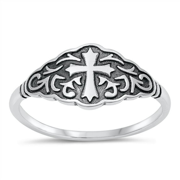 All in Stock Sterling Silver Decorated Cross of Faith Ring Size 9