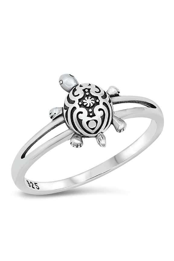 Sterling Silver Decorated Turtle Ring Size 8