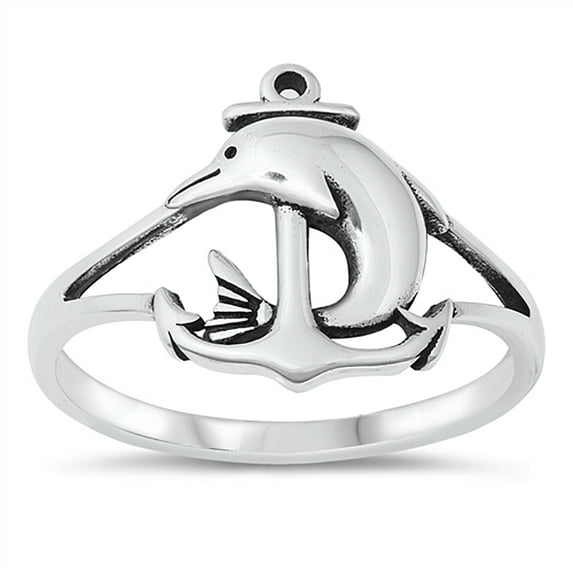 All in Stock Sterling Silver Dolphin Anchor Ring Size 7
