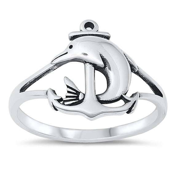 All in Stock Sterling Silver Dolphin Anchor Ring Size 9