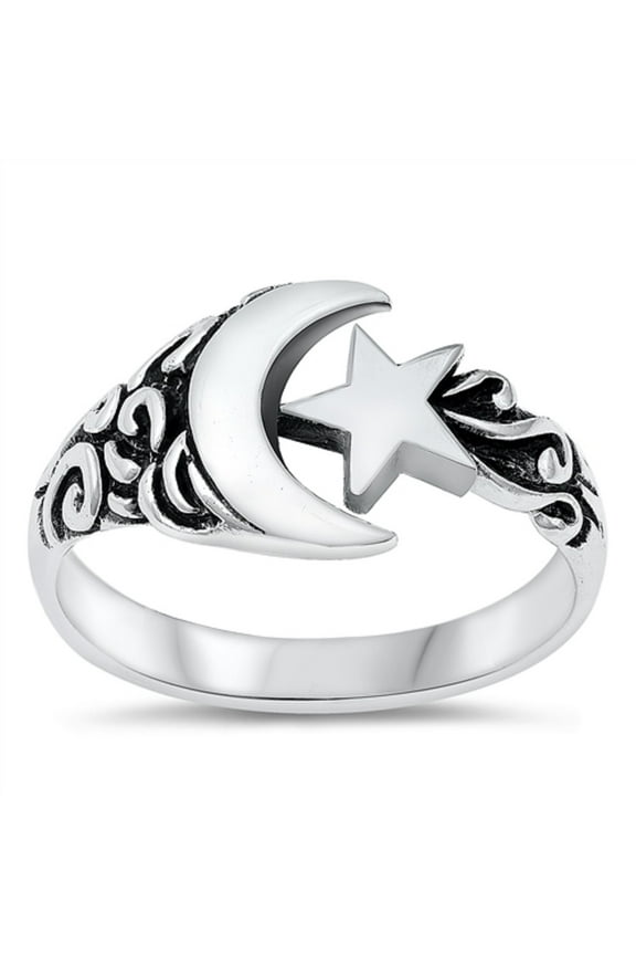Sterling Silver Moon And Star Ring Size 9