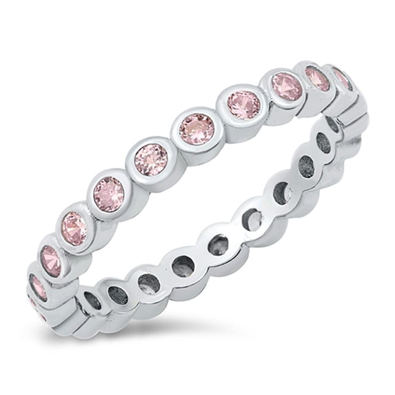 All in Stock Sterling Silver Round Pink Cubic Zirconia Eternity Band Ring Size 5