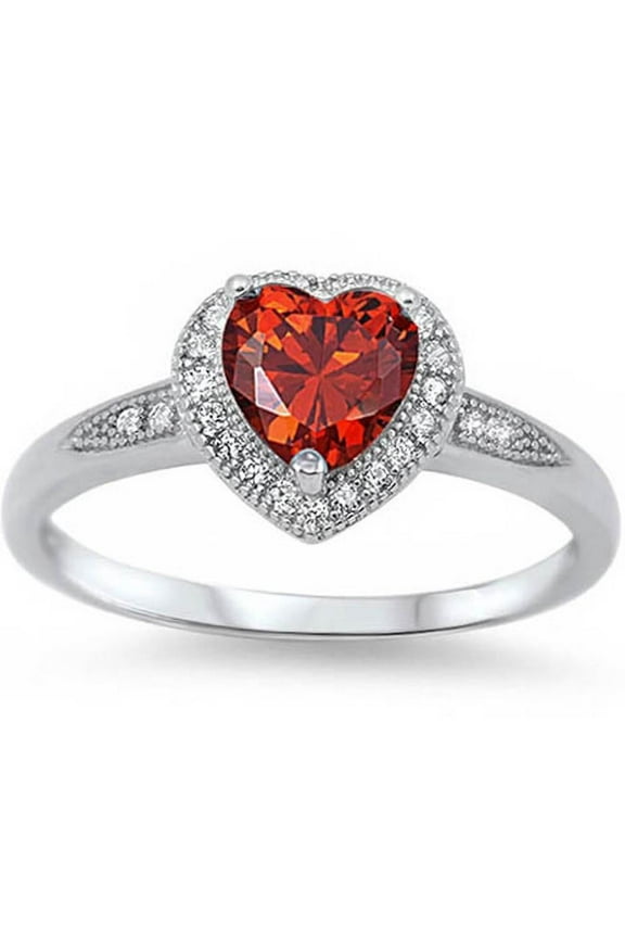 Sterling Silver Simulated Garnet Cubic Zirconia Heart Halo Ring Size 4
