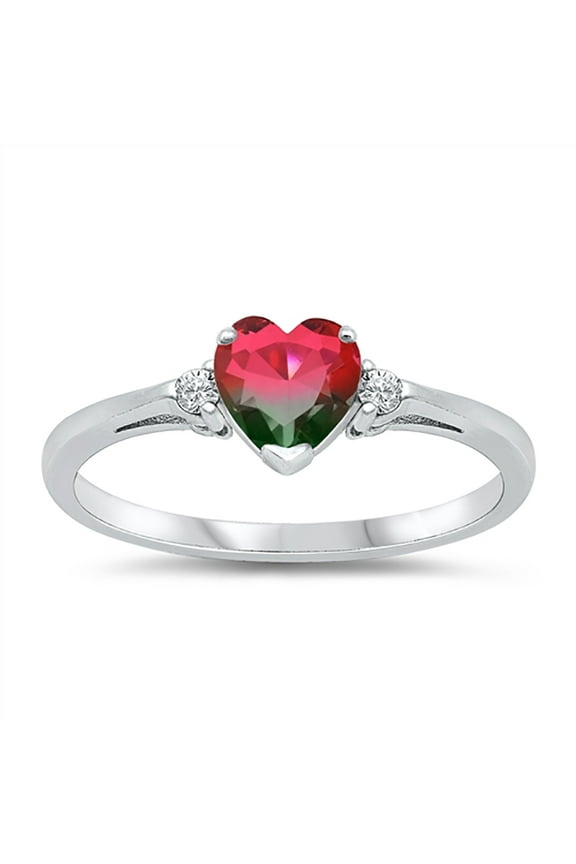 Watermelon Simulated Tourmaline Cubic Zirconia Promise of Love Heart Ring Sterling Silver Size 8