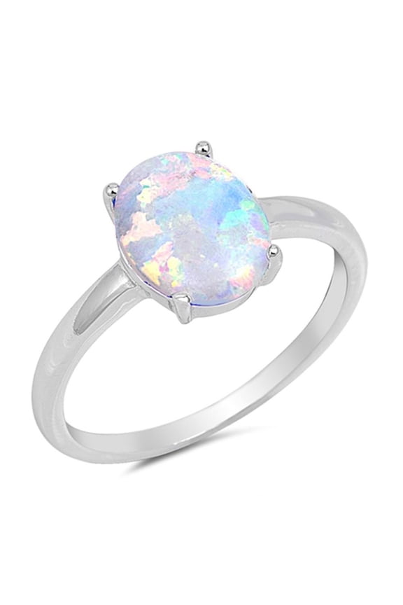 White Synthetic Opal Oval Solitaire Ring Sterling Silver Size 9