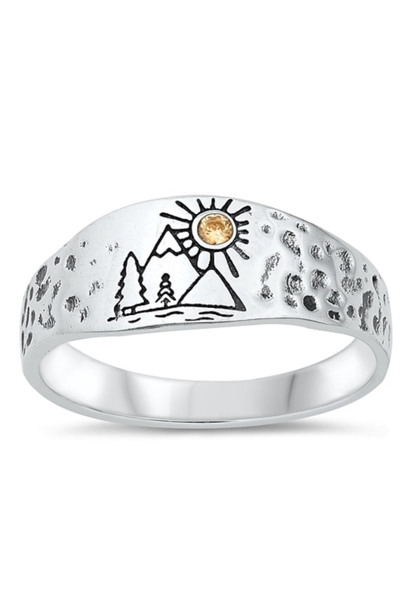 Yellow Cubic Zirconia Sun With Mountain Ring Sterling Silver Size 7