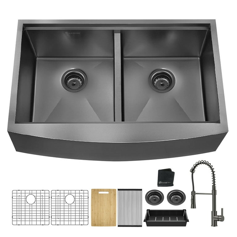 Handmade All-in-One Farmhouse Stainless Steel 33 in. x 22 in. Single Bowl Kitchen Sink w/ Spring Neck Faucet, Accessory Handmade All-in-One Farmhouse Stainless Steel 33 in. x 22 in. Single Bowl Kitchen Sink w/ Spring Neck Faucet, Accessory