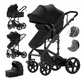 All-in-one Baby Stroller Reversible Infant Carriage with Storage Bag,Foldable Baby Pushchair for Newborns to Toddlers,Unisex,BLACK