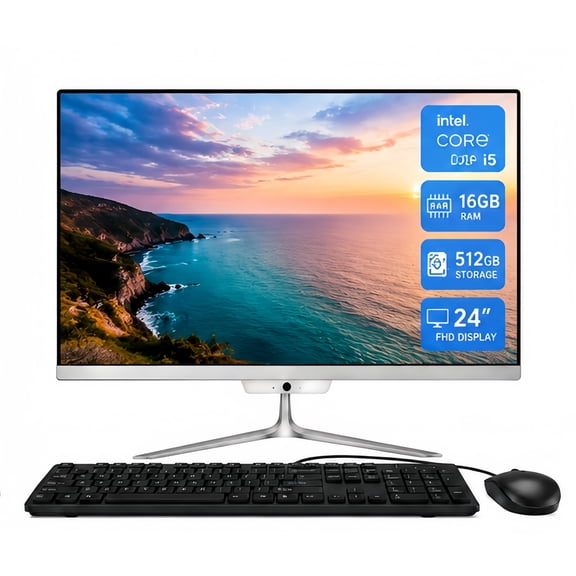 All in one desktop computer, 24" FHD Intel Core i5 up to 3.6GHz, 16GB RAM, 512GB SSD, Built-in HD Webcam, Win 10, White (Mouse & Keyboard)