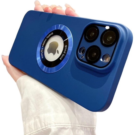 All-in-one Lens case with Logo Leakage, with Magnetic Suction, Frosted Skin case, Shockproof and Drop-Proof, for iPhone 15 14 13 12 Pro Max Plus Phone Case (Dark Blue,iPhone 14 Plus)