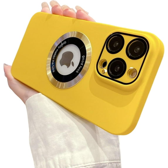 All-in-one Lens case with Logo Leakage, with Magnetic Suction, Frosted Skin case, Shockproof and Drop-Proof, for iPhone 15 14 13 12 Pro Max Plus Phone Case (Yellow,iPhone 14 Pro)