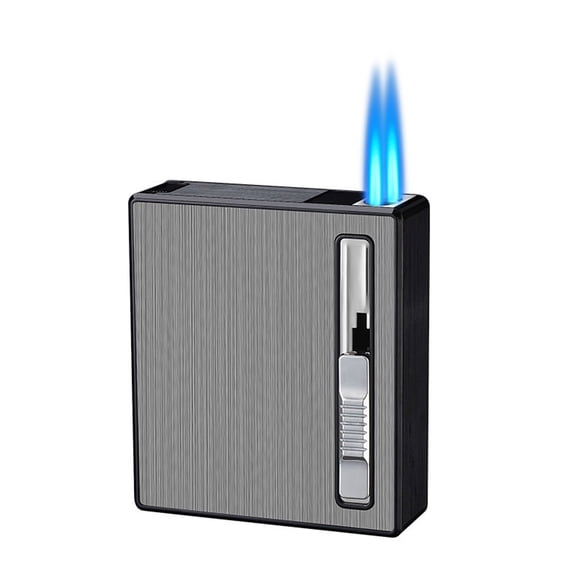 All-in-one Metal Cigarette Case With Double Flame Windproof Lighter, Portable 20 Sticks Cigarette Storage Box