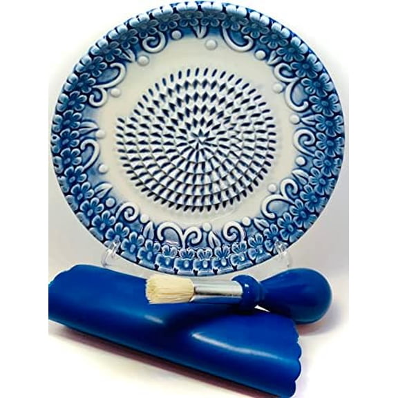 All-in-one Premium Ceramic Garlic Grater Plate 4-Piece Set - Blue Embossed Design and Style - For Garlic, Ginger, Chocolate, and more- Comes with 5