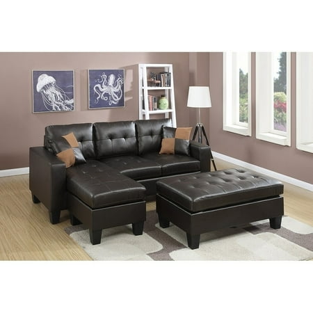 All-in-one Reversible Sectional Sofa with 2 Accent Pillows and XL-Cocktail Ottmman Brown Bonded Leather Reversible, Right Facing