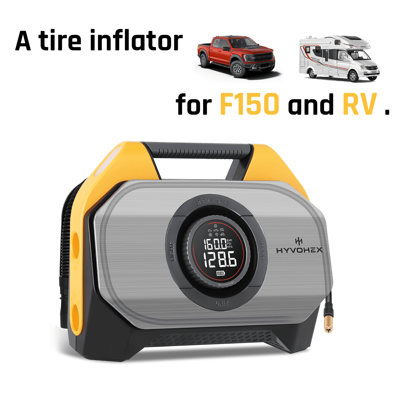 HYVOHEX Tire Inflator Portable Air Compressor for Heavy-duty Vehicle Cordless Air Pump for Car Inflatables 19200mAh Battery