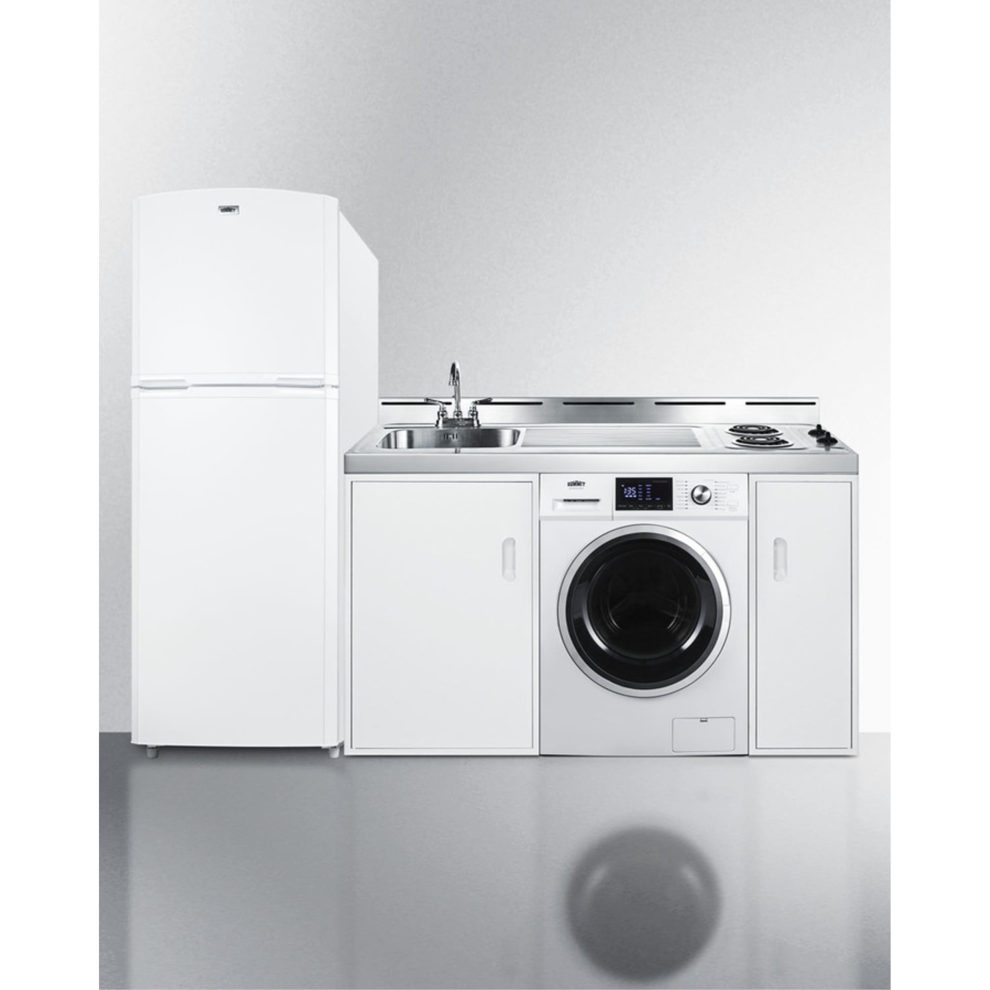 All-in-one combination kitchenette with full-sized refrigerator-freezer