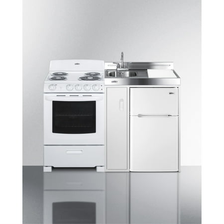All-in-one combination kitchenette with refrigerator-freezer, sink, storage cabinet, and coil range