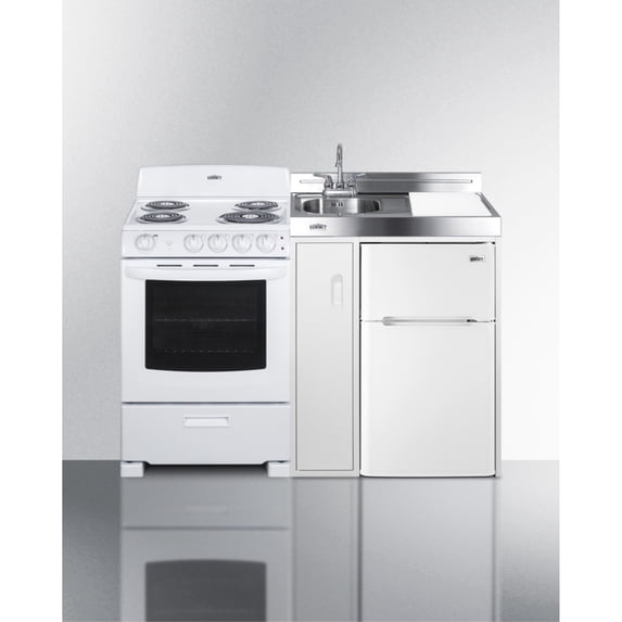 All-in-one combination kitchenette with refrigerator-freezer, sink, storage cabinet, and coil range