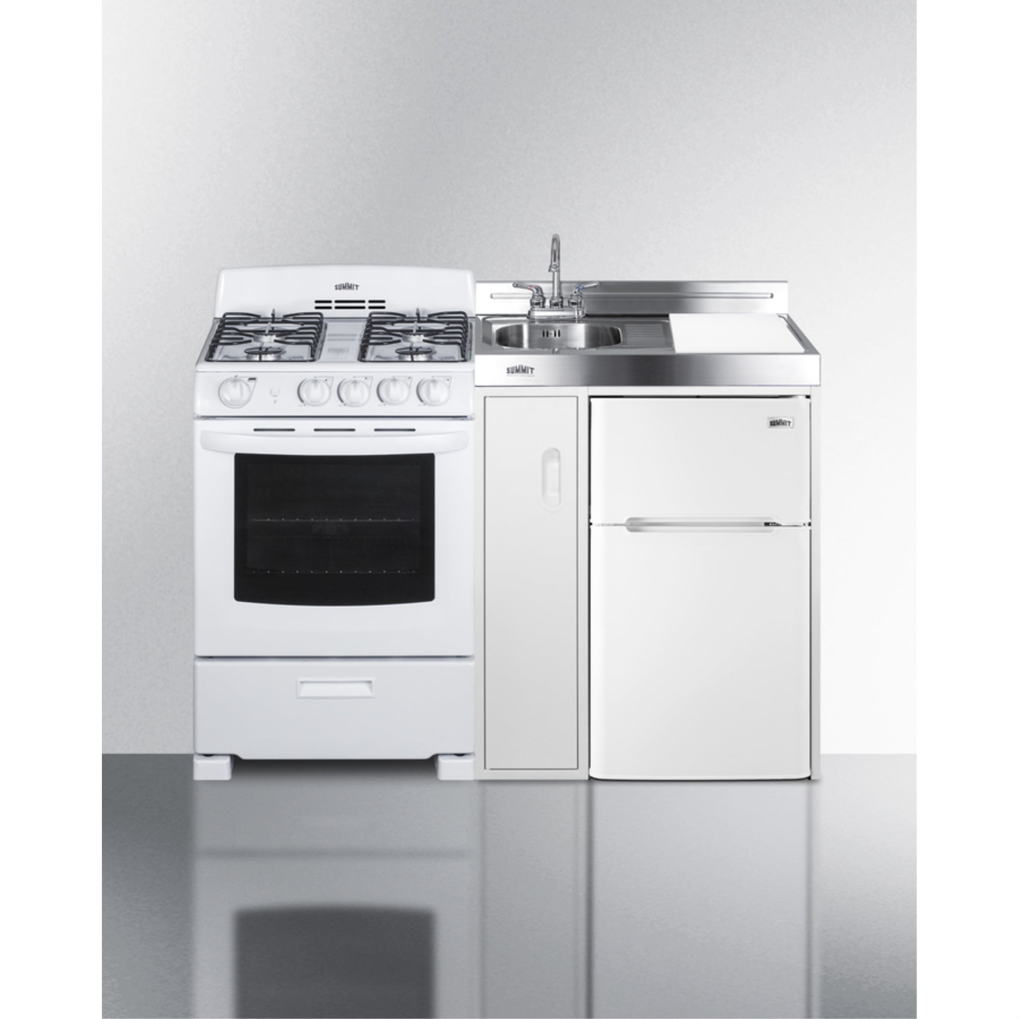 White All-In-One Kitchenette with Gas Range and Refrigerator