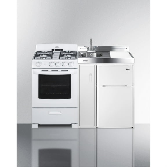 All-in-one combination kitchenette with refrigerator-freezer, sink, storage cabinet, and gas range