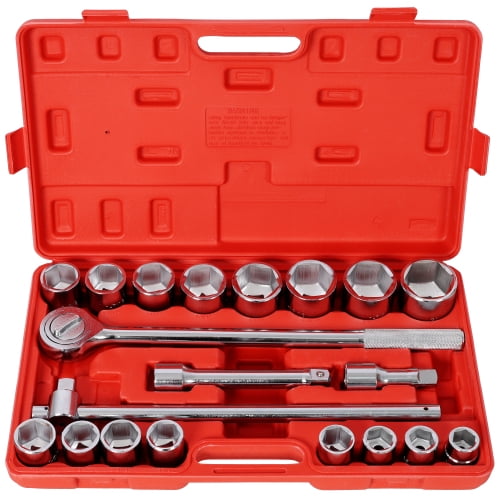 All-inclusive 3/4" Drive 21-Piece Heavy-Duty Socket Set - Professional SAE 6-Point Sockets with Ratchet, Breaker Bar, Extensions & Red Blow Molded Case