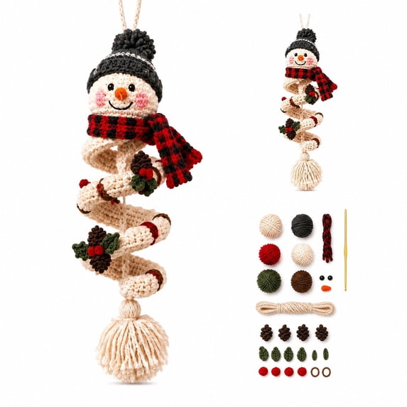All‑inclusive DIY Crochet Kit for Spiral Snowman Ornament Handcraft Supplies for Crafting Unique Christmas Tree Hanging Decor (B)