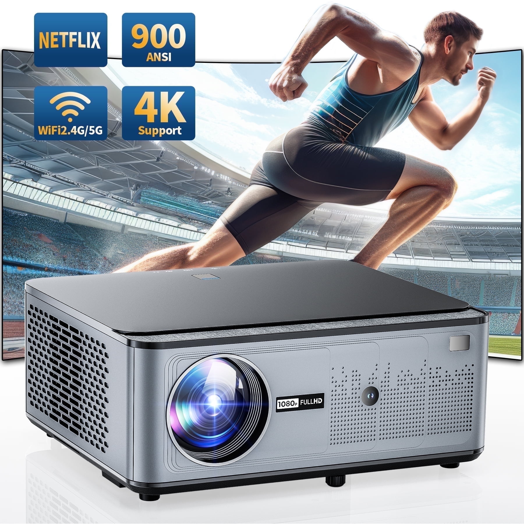 [900 ANSI & Electric Focus/Keystone] 4K Home Theater Projector with WiFi 6 and Bluetooth 5.2, Losei 300'' Movie Projector for Indoor/Outdoor, Smart Proyector Compatible with Phone/TV Stick/PC/PS5