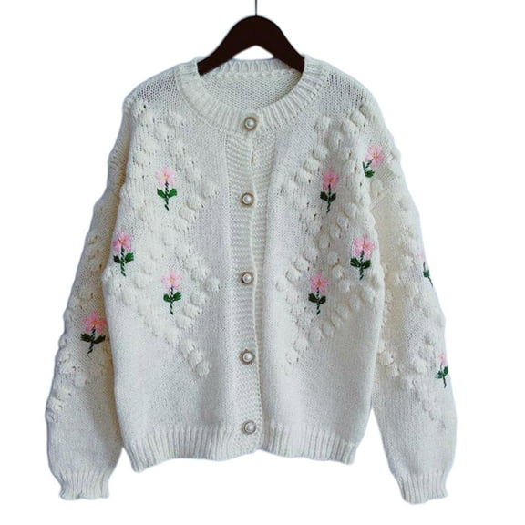 All-match Women Cardigan Tops Cute Flowers Pattern Single Breasted Knitted Long Sleeve Sweater for Autumn Daily Female