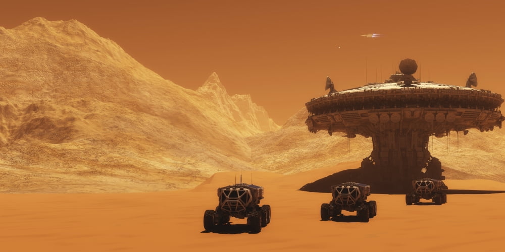 All-terrain vehicles embark on an exploratory mission across Mars Canvas Art - Corey FordStocktrek Images (40 x 20)