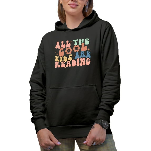 All the Cool Kids Are Reading, Retro Groovy Wavy Text Art Merch Gift, Black Hooded Sweatshirt or Hoodie, Small