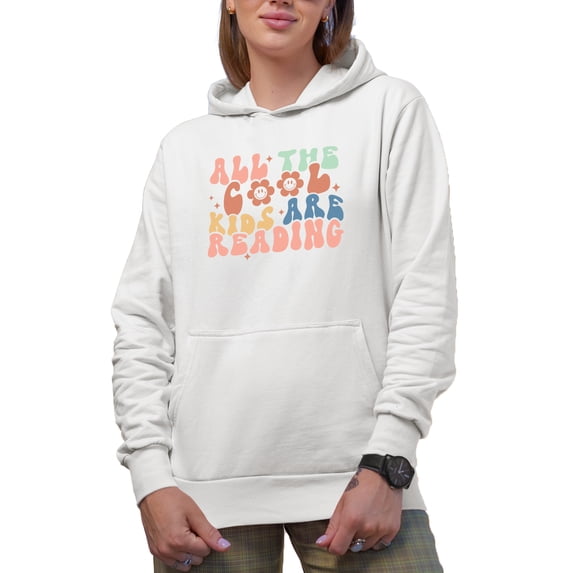 All the Cool Kids Are Reading with Retro Groovy Wavy Text Art Merch Gift, White Hooded Sweatshirt or Hoodie, Medium