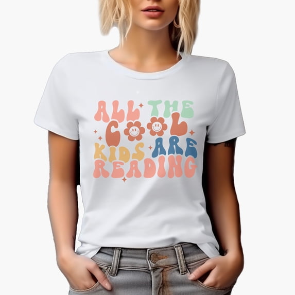 All the Cool Kids Are Reading with Retro Groovy Wavy Text Art Merch Gift, White T-Shirt, 2XL