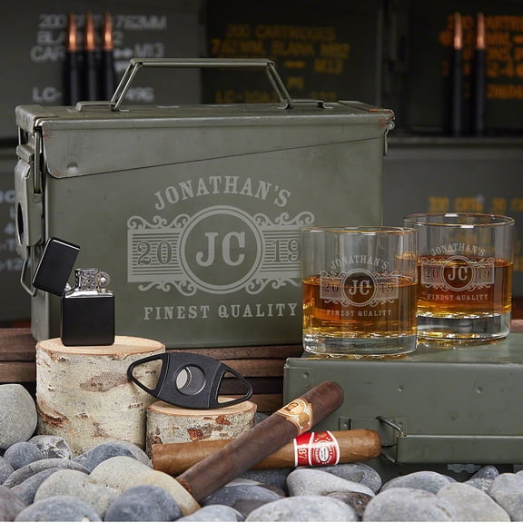 All the Vices Custom Marquee Ammo Box and Whiskey Glasses Gift Set