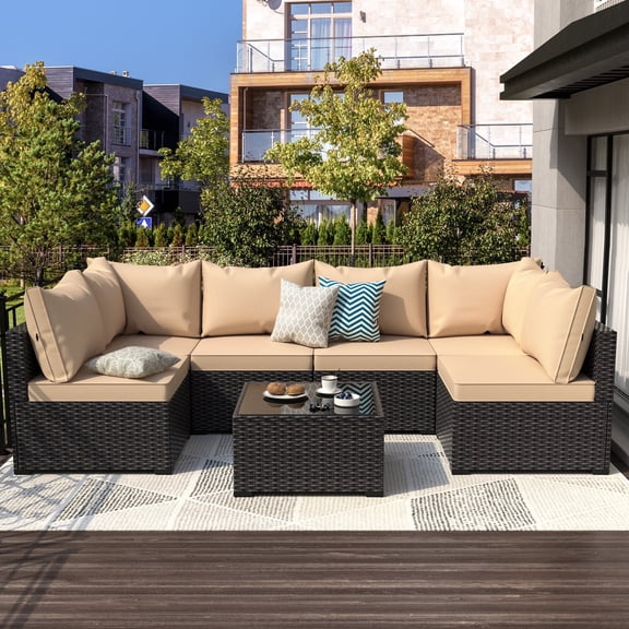 All weather 7 Piece Outdoor Patio Furniture Set PE Rattan Wicker Sofa Set With Table